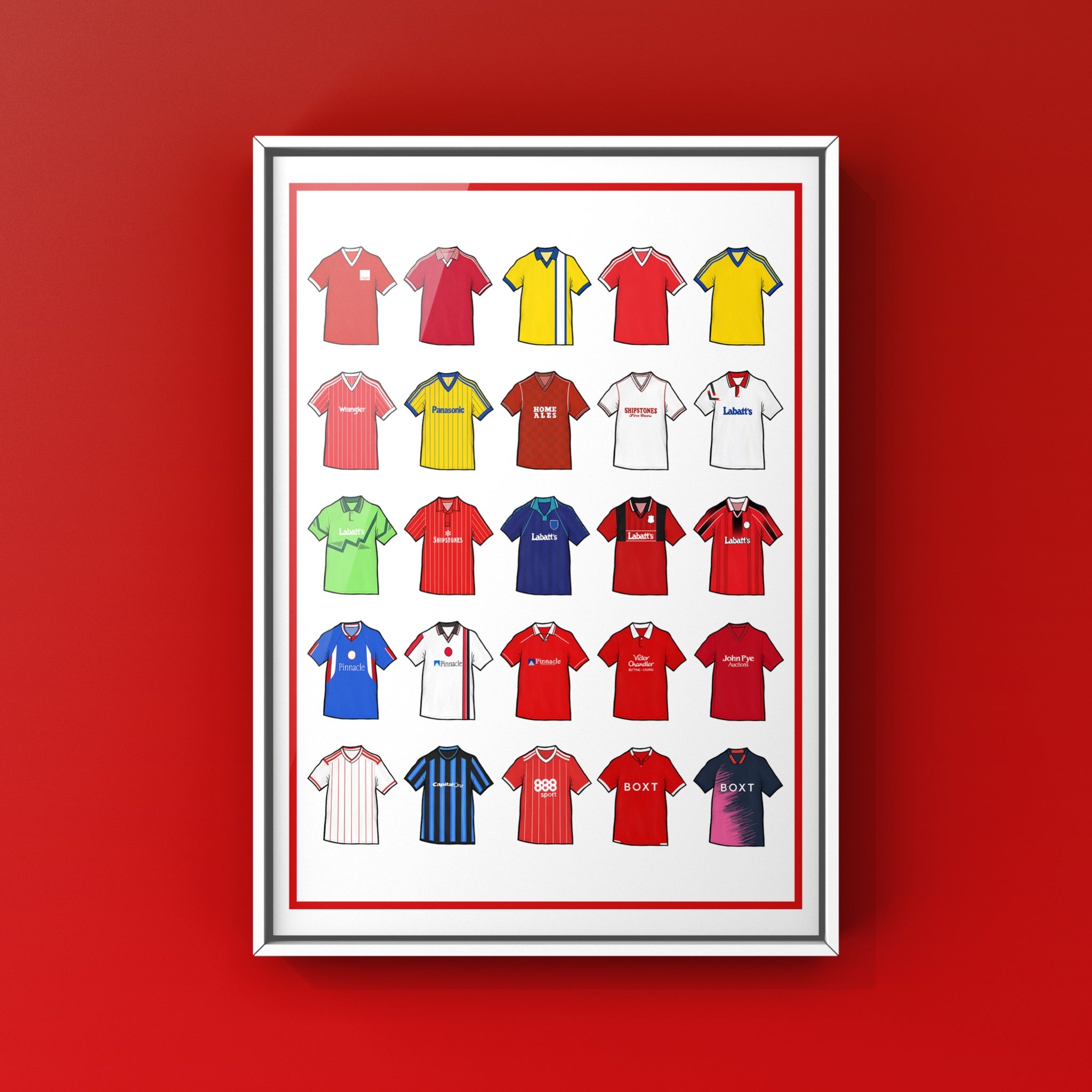 Nottingham Forest Retro Shirts Art Print featuring 25 hand-drawn classic football shirts, showcasing the club’s iconic kits through the years
