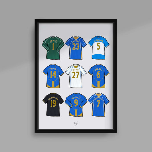 Poster print featuring jerseys of some of the most famous legends in Portsmouth history, some of which played in their famous FA Cup win in 2008