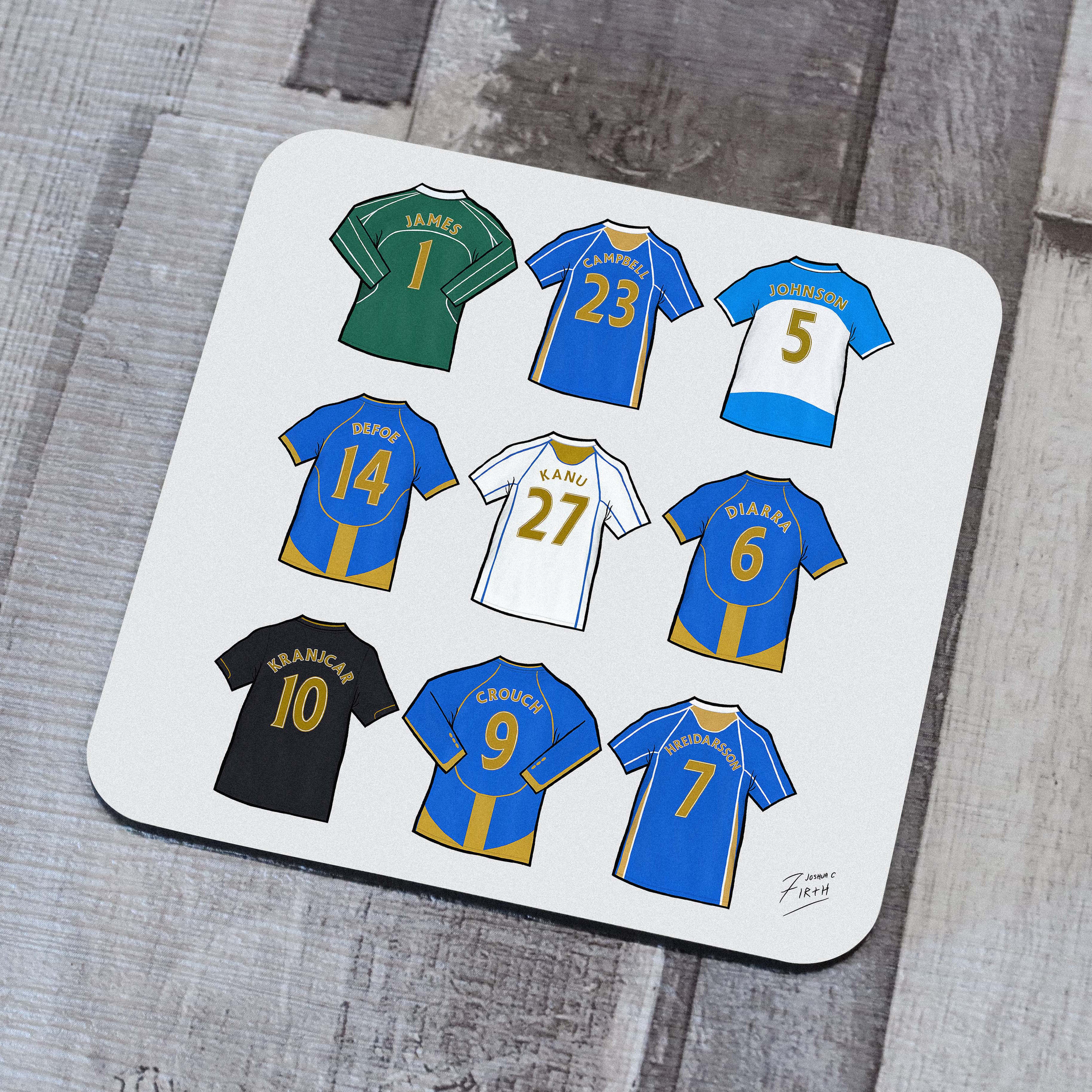 Portsmouth themed cork backed coaster featuring shirts artwork of legends to play for Pompey