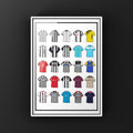 Poster artwork inspired by Chorley FC shirts, featuring a stylized design with bold black and white elements. The piece showcases 25 hand-drawn retro shirts, incorporating vintage jersey patterns and textures that reflect the proud tradition and rich heritage of Chorley Football Club. It blends classic elements with a sharp, contemporary aesthetic that celebrates the enduring spirit of the Magpies and the club’s historic legacy at Victory Park
