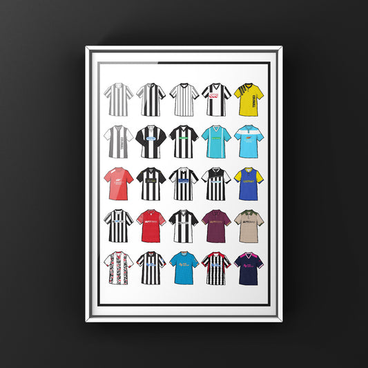 Poster artwork inspired by Chorley FC shirts, featuring a stylized design with bold black and white elements. The piece showcases 25 hand-drawn retro shirts, incorporating vintage jersey patterns and textures that reflect the proud tradition and rich heritage of Chorley Football Club. It blends classic elements with a sharp, contemporary aesthetic that celebrates the enduring spirit of the Magpies and the club’s historic legacy at Victory Park