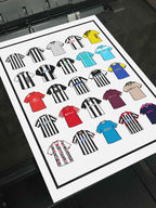 Poster artwork inspired by Chorley FC shirts, featuring a stylized design with bold black and white elements. The piece showcases 25 hand-drawn retro shirts, incorporating vintage jersey patterns and textures that reflect the proud tradition and rich heritage of Chorley Football Club. It blends classic elements with a sharp, contemporary aesthetic that celebrates the enduring spirit of the Magpies and the club’s historic legacy at Victory Park