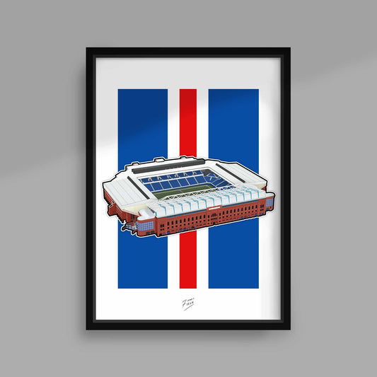 Art poster print inspired by the home of the Glasgow Rangers, Ibrox Stadium. The most successful football team in Scotland