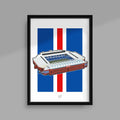 Art poster print inspired by the home of the Glasgow Rangers, Ibrox Stadium. The most successful football team in Scotland