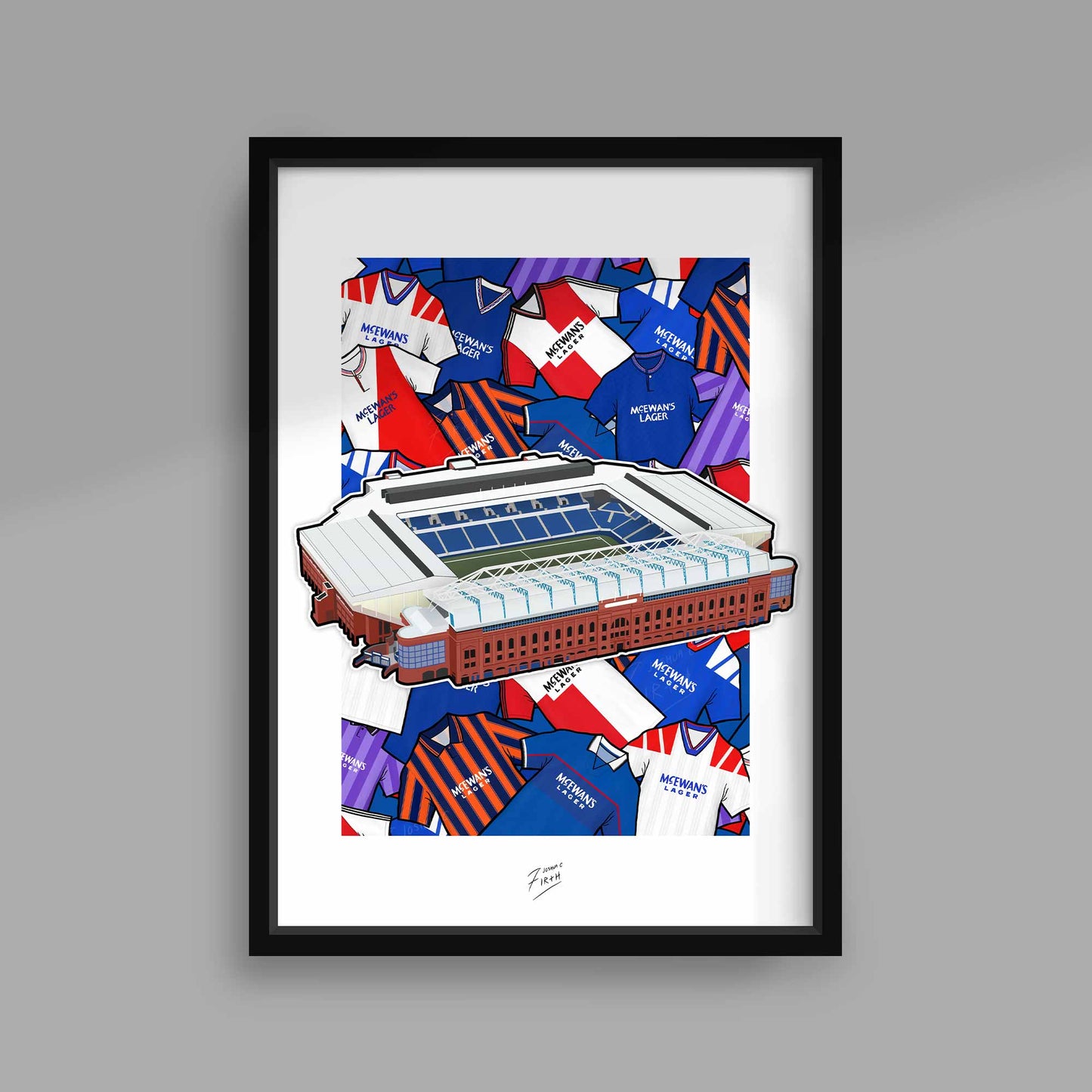 Art poster print inspired by the home of the Glasgow Rangers, Ibrox Stadium. The most successful football team in Scotland with a retro touch