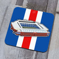 A coaster with artwork inspired by the home of the Glasgow Rangers in Scotland, Ibrox Stadium!