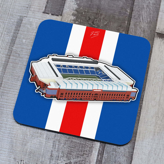 A coaster with artwork inspired by the home of the Glasgow Rangers in Scotland, Ibrox Stadium!