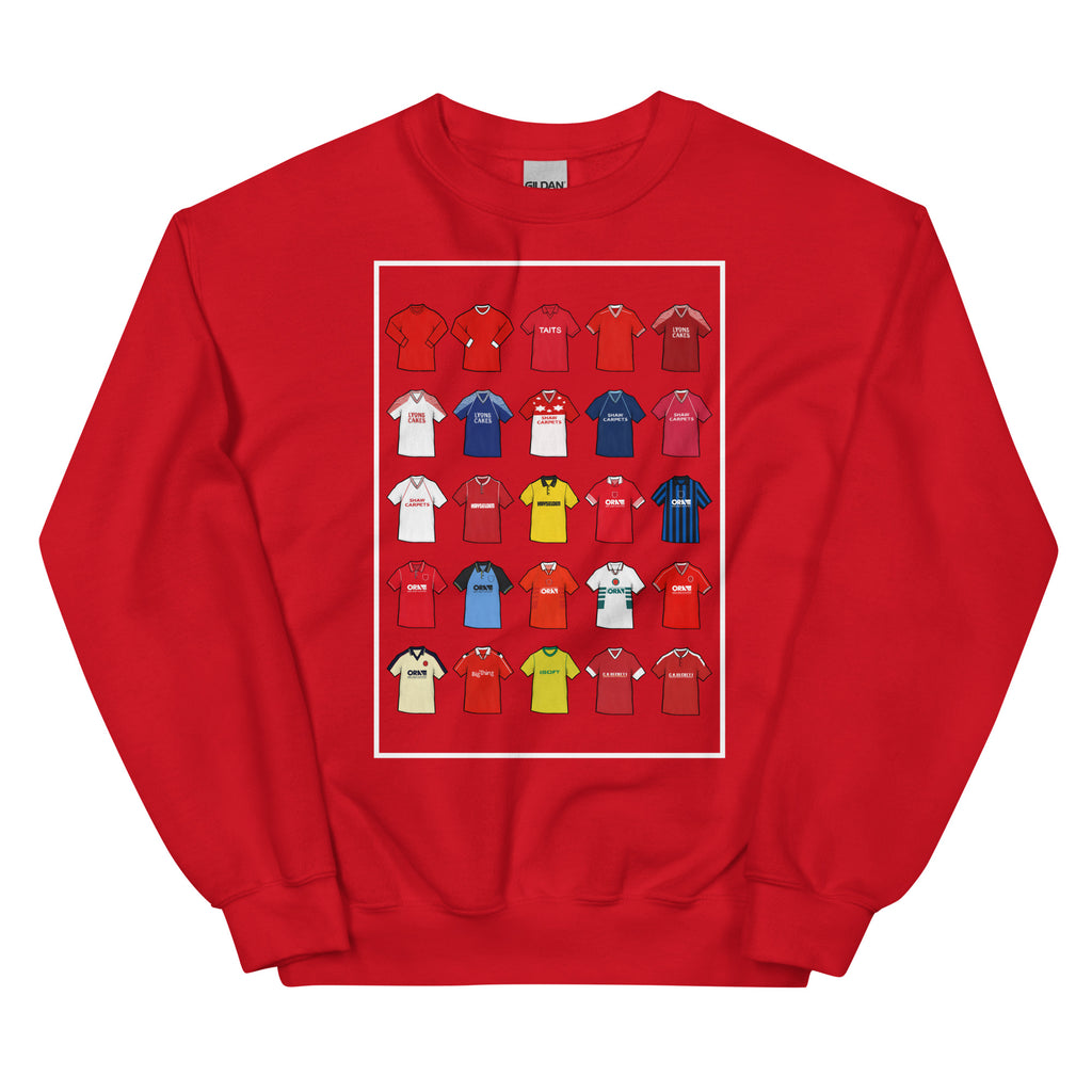 Retro-style Barnsley FC inspired sweatshirt made from a 50/50 cotton-polyester blend, featuring a pre-shrunk classic fit with soft air-jet spun yarn. Includes a 1x1 athletic rib knit collar with spandex and durable double-needle stitching on the collar, shoulders, armholes, cuffs, and hem