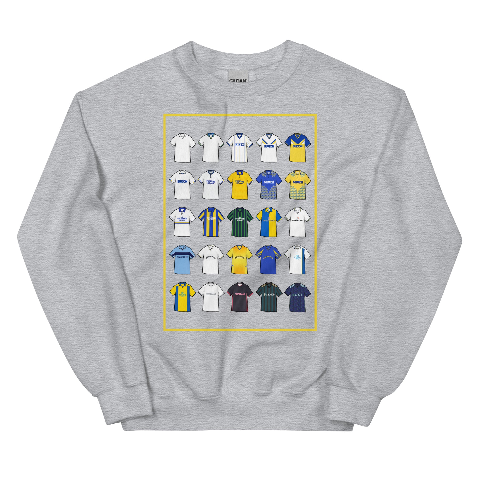Retro-style Leeds United inspired sweatshirt made from a 50/50 cotton-polyester blend, featuring a pre-shrunk classic fit with soft air-jet spun yarn. Includes a 1x1 athletic rib knit collar with spandex and durable double-needle stitching on the collar, shoulders, armholes, cuffs, and hem.
