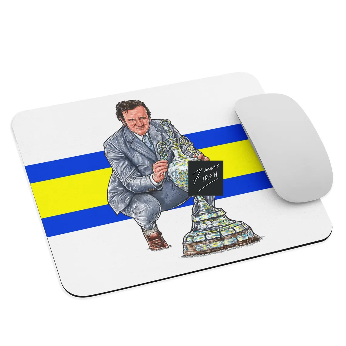 Mouse mat featuring artwork of Don Revie, legendary Leeds United manager, depicted in a bold, inspirational style with club colors and iconic imagery paying tribute to his legacy
