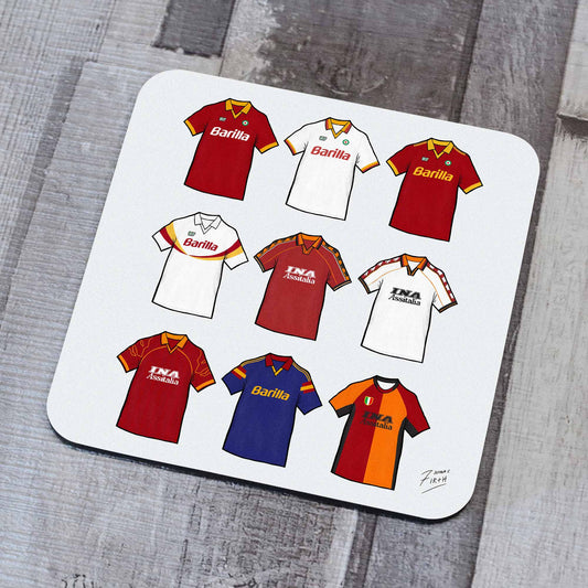 Add a touch of nostalgia to your coffee table with our AS Roma vintage retro shirts drinks coaster. One coaster featuring iconic design jerseys