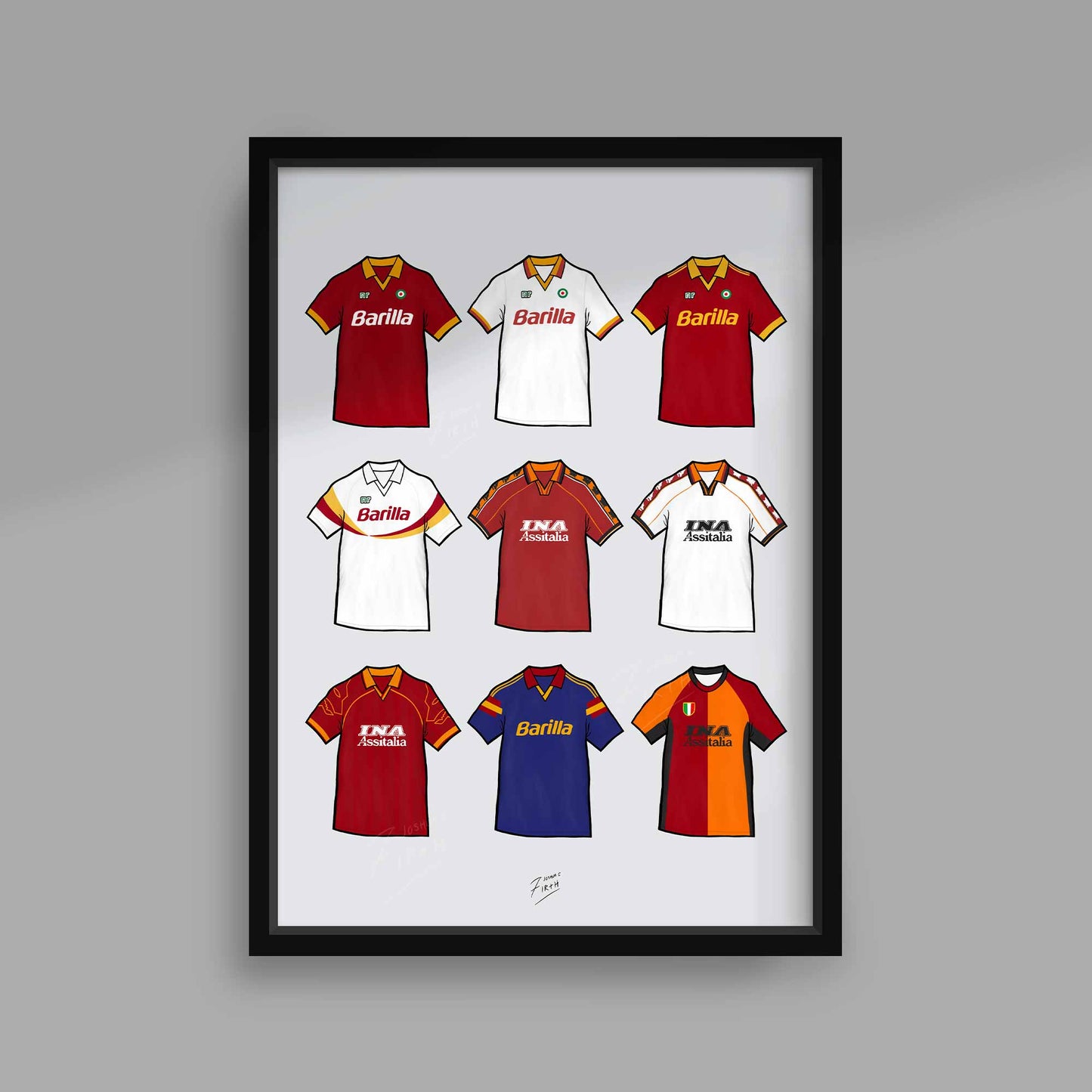 Celebrate AS Roma's iconic vintage shirts with this poster print artwork. Featuring retro designs that capture the essence of the club's history