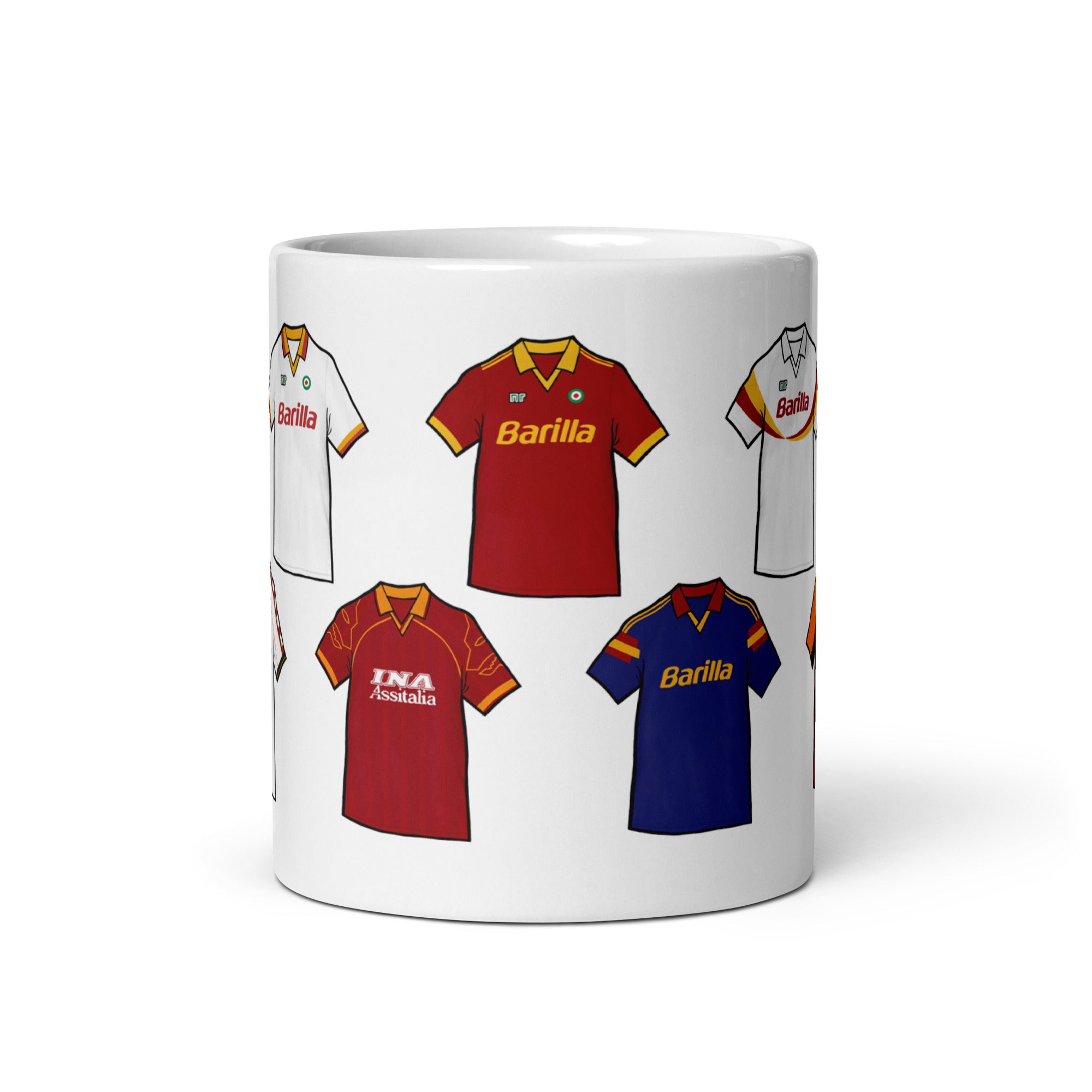 A white ceramic drinks mug featuring colorful artwork inspired by the retro shirts of AS Roma, with a bold and vintage design showcasing the team's iconic colours