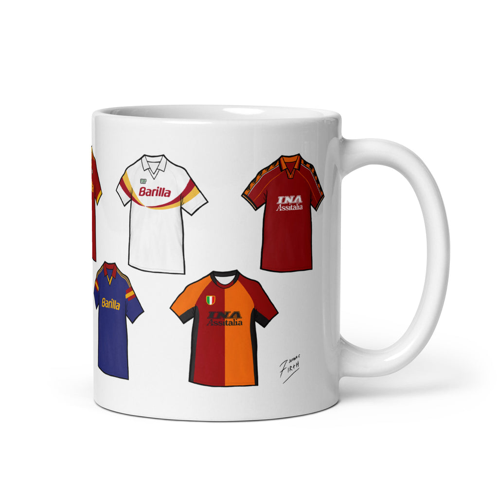 A white ceramic drinks mug featuring colorful artwork inspired by the retro shirts of AS Roma, with a bold and vintage design showcasing the team's iconic colours
