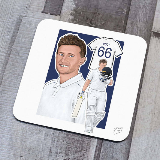 England Cricketer Joe Root illustrated artwork on a cork backed high quality drinks coaster