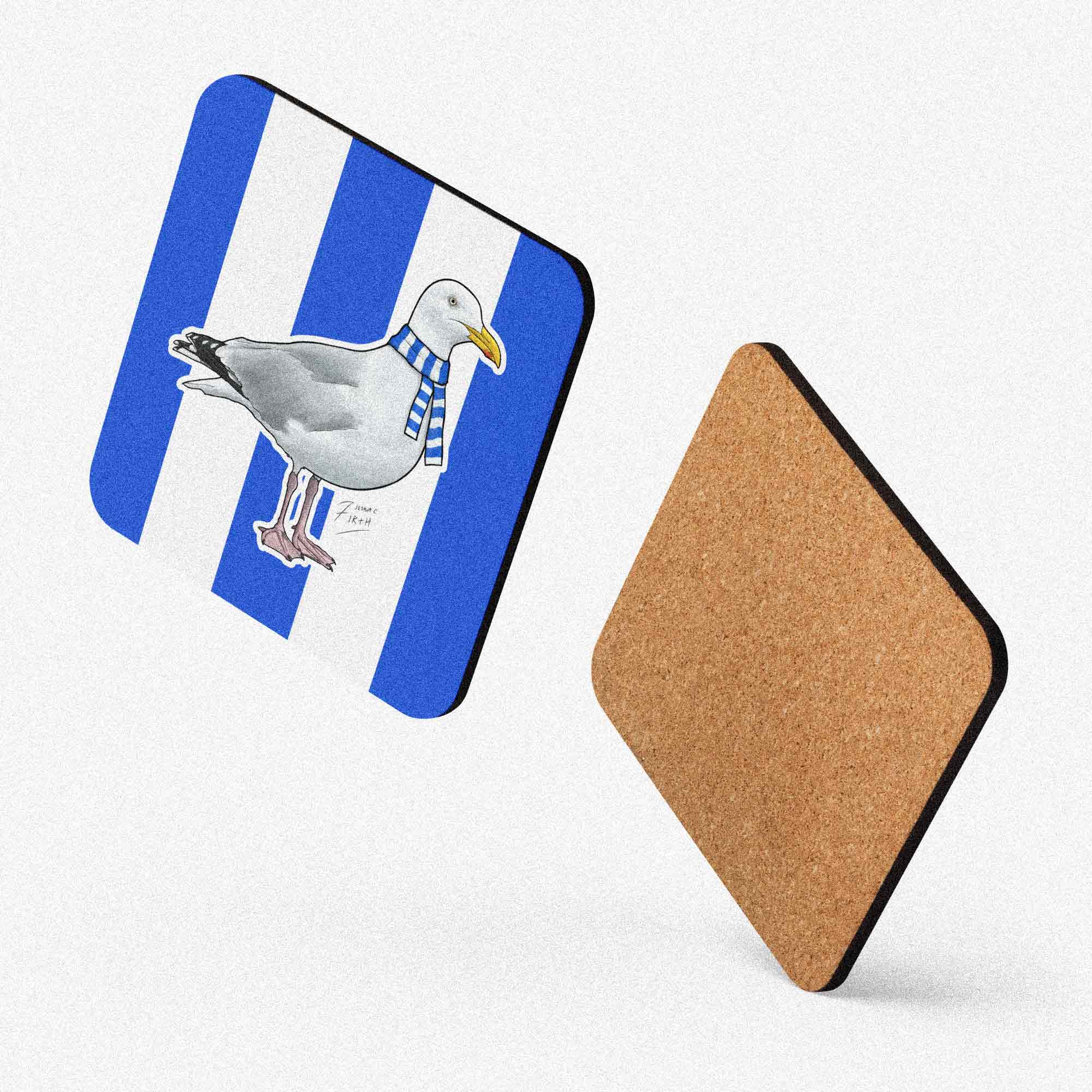 Coaster with a seagull design on a blue and white striped background, next to a cork coaster.