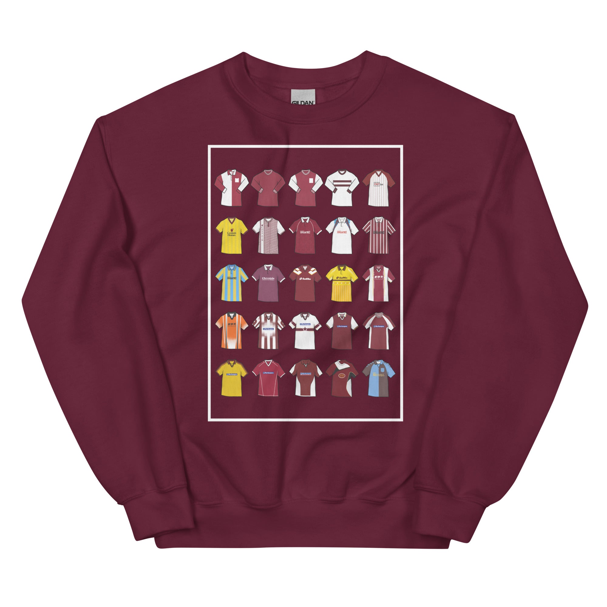 Show your Cobblers pride with this Northampton Town FC sweatshirt, designed for fans of classic football style. Featuring artwork of 25 iconic Northampton Town football shirts, this retro-style sweatshirt celebrates the club’s rich history and heritage. Perfect for match days, casual wear, or as a Northampton Town football gift, it combines vintage design elements with modern comfort. A must-have retro Northampton Town sweatshirt for true supporters who love the club’s legacy and timeless football culture.