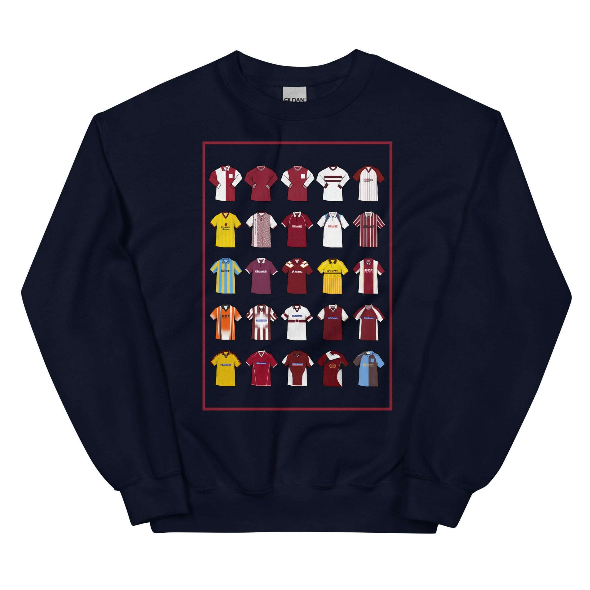 Show your Cobblers pride with this Northampton Town FC sweatshirt, designed for fans of classic football style. Featuring artwork of 25 iconic Northampton Town football shirts, this retro-style sweatshirt celebrates the club’s rich history and heritage. Perfect for match days, casual wear, or as a Northampton Town football gift, it combines vintage design elements with modern comfort. A must-have retro Northampton Town sweatshirt for true supporters who love the club’s legacy and timeless football culture.