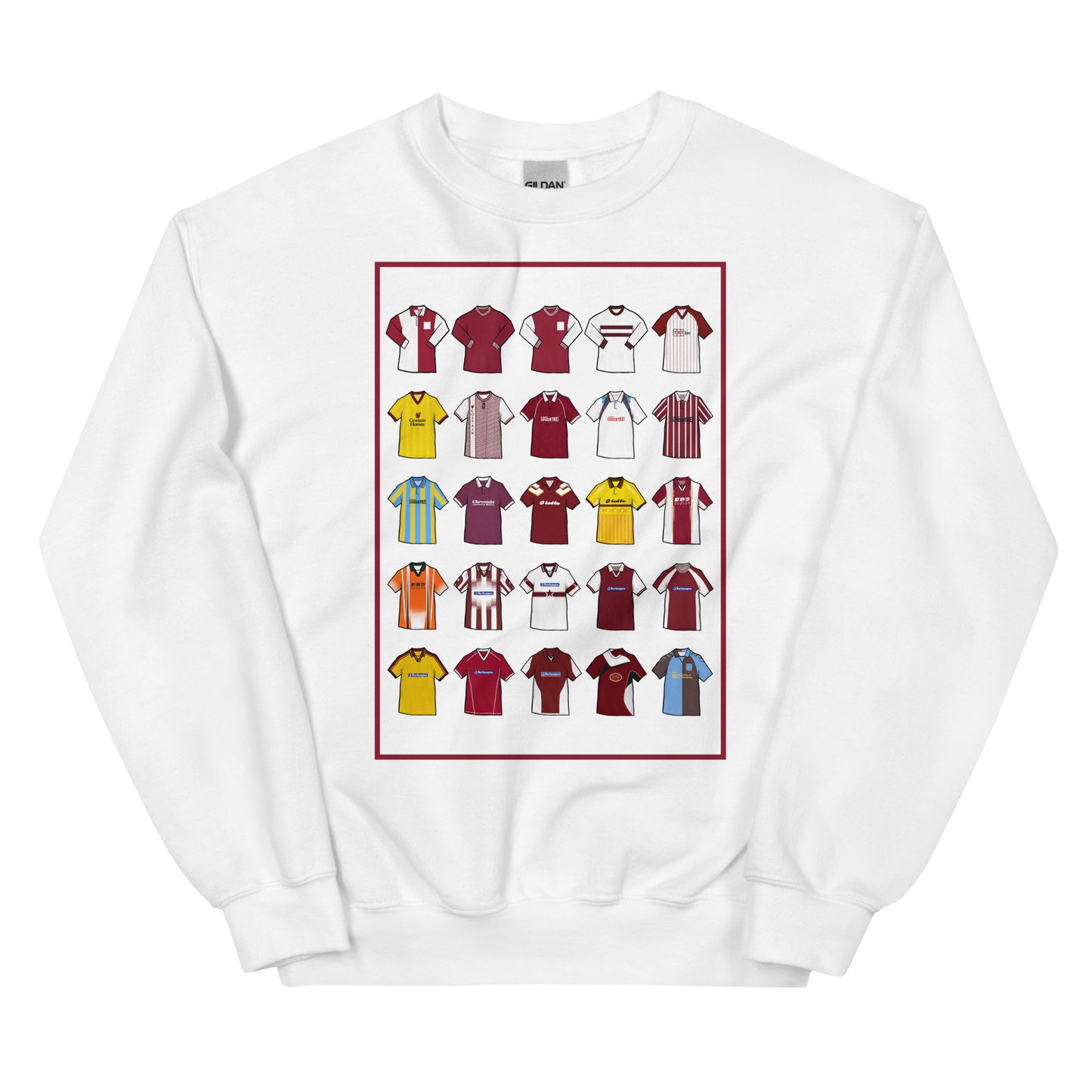 Show your Cobblers pride with this Northampton Town FC sweatshirt, designed for fans of classic football style. Featuring artwork of 25 iconic Northampton Town football shirts, this retro-style sweatshirt celebrates the club’s rich history and heritage. Perfect for match days, casual wear, or as a Northampton Town football gift, it combines vintage design elements with modern comfort. A must-have retro Northampton Town sweatshirt for true supporters who love the club’s legacy and timeless football culture.