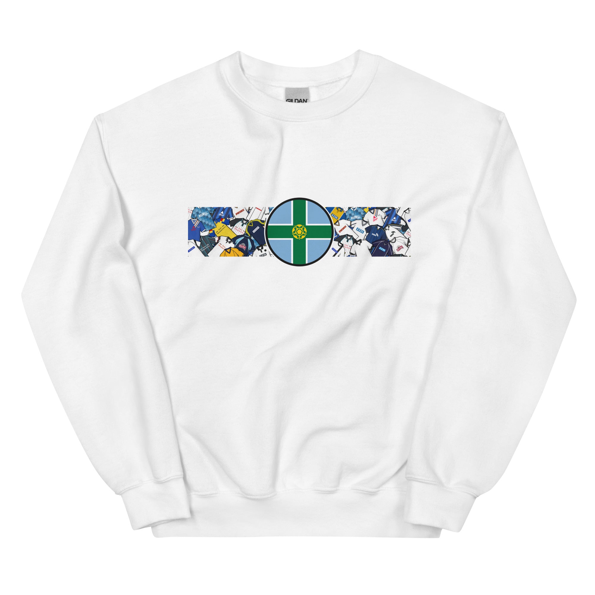 Show your Rams pride with this Derby County FC sweatshirt, perfect for fans of Derbyshire football. Featuring a bold Derbyshire flag at the center and a retro collage of Derby County’s iconic football shirts, this vintage-style sweatshirt is ideal for match days, casual wear, or as a Derby County football gift. Celebrate the club’s rich heritage, classic black and white style, and timeless Rams football culture with this must-have Derby County sweatshirt for true supporters.