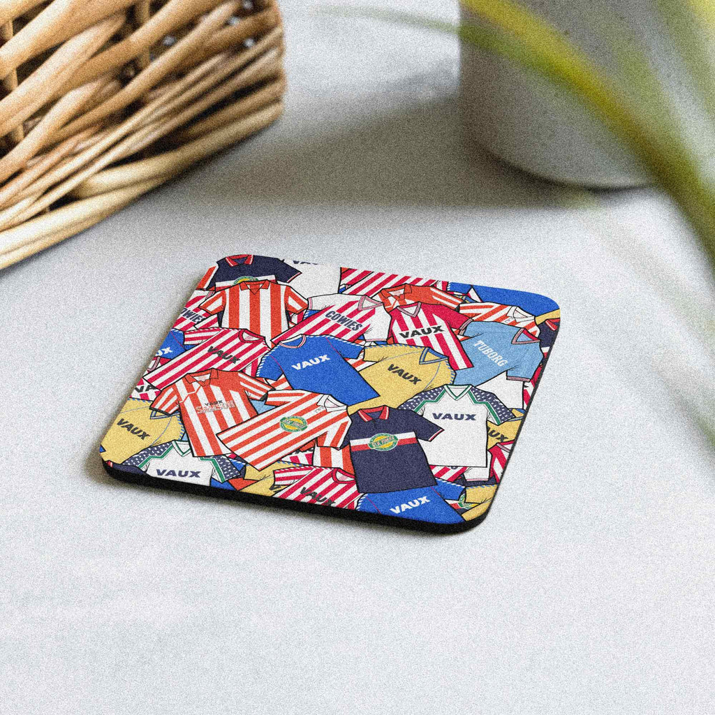 Sunderland retro football shirt collage coaster — handmade cork-backed gift for Sunderland AFC fans and a perfect addition to any home decor.