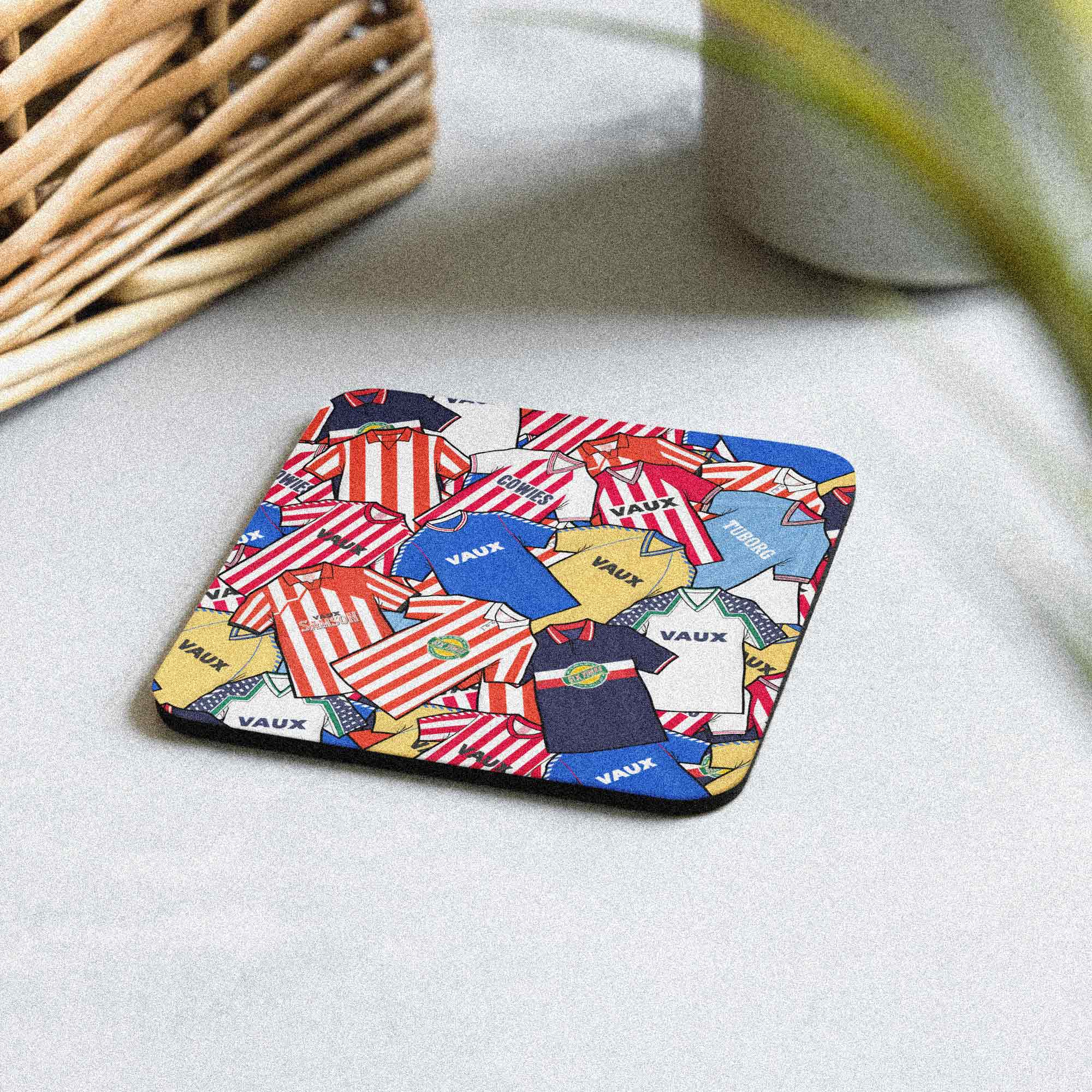 Sunderland retro football shirt collage coaster — handmade cork-backed gift for Sunderland AFC fans and a perfect addition to any home decor.