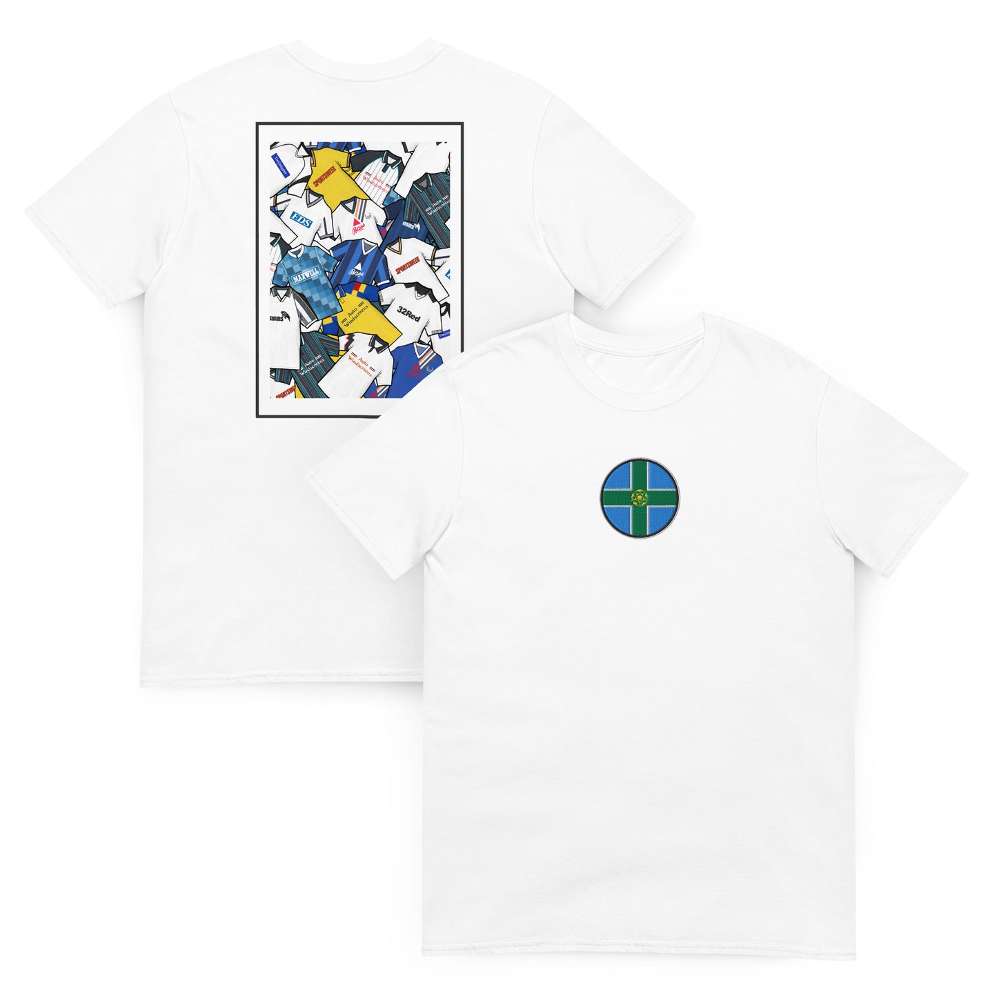 This Derby County FC T-shirt features a striking Derbyshire flag in the center, surrounded by a retro collage of the club’s iconic football shirts. With bold black and white colours and vintage jersey patterns, it’s designed for Rams fans who love classic football style. The textured details and premium soft feel make it perfect for match days, casual wear, or as a Derby County football gift. Celebrate the club’s proud heritage and lasting legacy with this must-have retro Derby County T-shirt for true fans