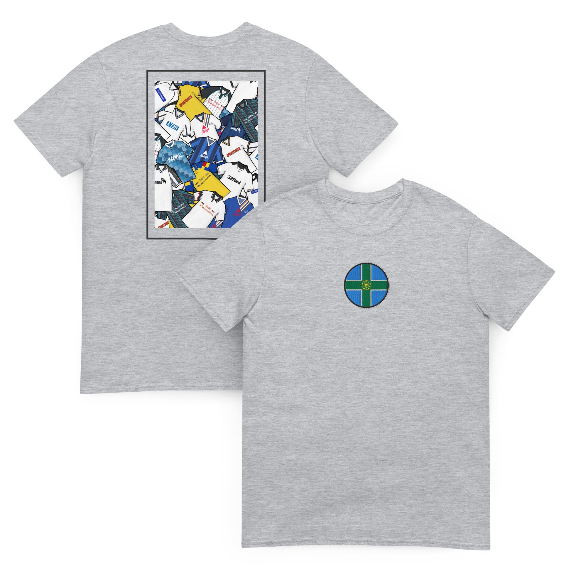 This Derby County FC T-shirt features a striking Derbyshire flag in the center, surrounded by a retro collage of the club’s iconic football shirts. With bold black and white colours and vintage jersey patterns, it’s designed for Rams fans who love classic football style. The textured details and premium soft feel make it perfect for match days, casual wear, or as a Derby County football gift. Celebrate the club’s proud heritage and lasting legacy with this must-have retro Derby County T-shirt for true fans