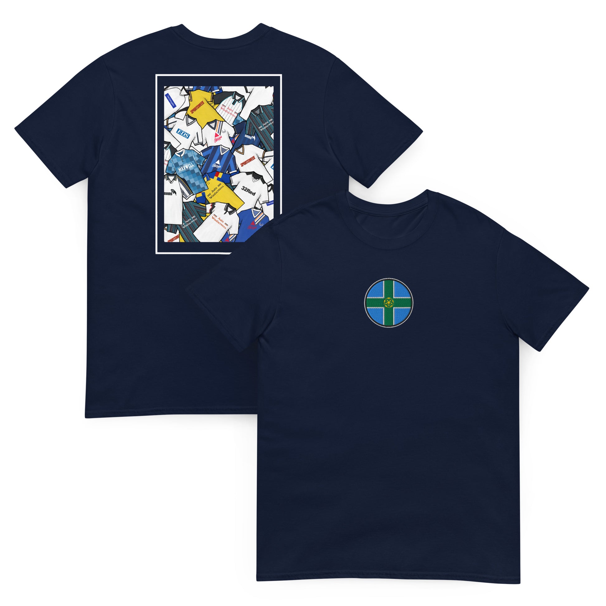 This Derby County FC T-shirt features a striking Derbyshire flag in the center, surrounded by a retro collage of the club’s iconic football shirts. With bold black and white colours and vintage jersey patterns, it’s designed for Rams fans who love classic football style. The textured details and premium soft feel make it perfect for match days, casual wear, or as a Derby County football gift. Celebrate the club’s proud heritage and lasting legacy with this must-have retro Derby County T-shirt Product mockup