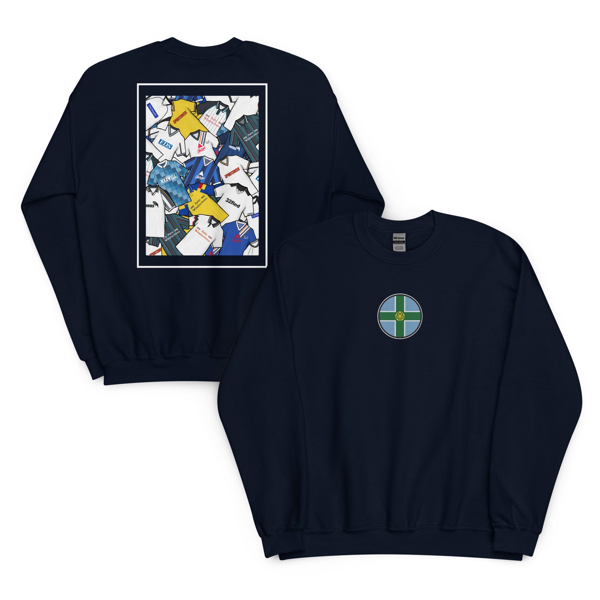 This Derby County FC sweatshirt features a bold Derbyshire flag at the center, surrounded by a retro collage of the club’s iconic football shirts. Designed for Rams fans who love classic football style, it’s perfect for match days, casual wear, or as a Derby County football gift. Celebrate the club’s proud heritage and show your Rams pride with this must-have retro Derby County sweatshirt for true supporters!