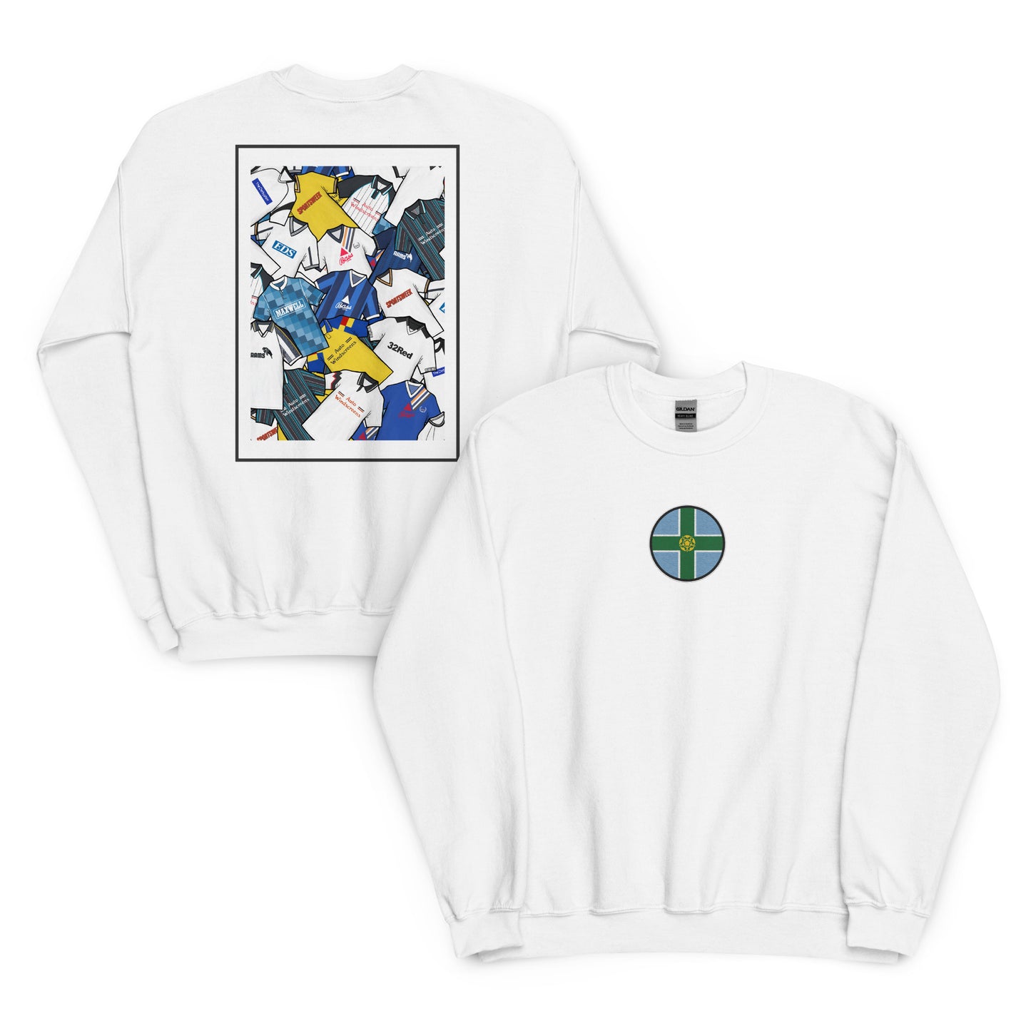 This Derby County FC sweatshirt features a bold Derbyshire flag at the center, surrounded by a retro collage of the club’s iconic football shirts. Designed for Rams fans who love classic football style, it’s perfect for match days, casual wear, or as a Derby County football gift. Celebrate the club’s proud heritage and show your Rams pride with this must-have retro Derby County sweatshirt for true supporters. White