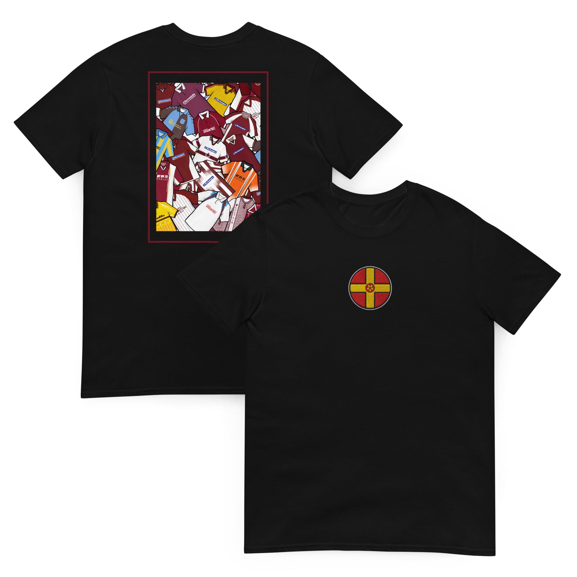 This Northampton Town FC T-shirt features an embroidered Northamptonshire flag on the front and a retro collage of the club’s classic shirts on the back. Designed for Cobblers fans who love vintage football style, it’s perfect for match days, casual wear, or as a Northampton Town football gift. Celebrate the club’s proud heritage and show your Cobblers pride with this must-have retro Northampton Town T-shirt for true supporters.