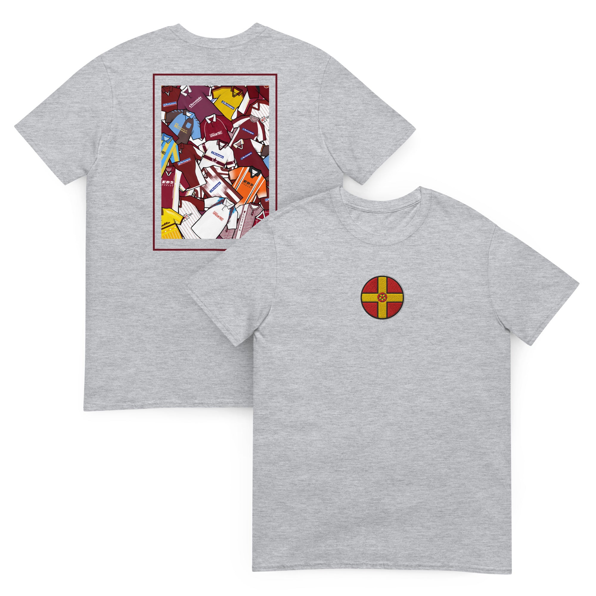 This Northampton Town FC T-shirt features an embroidered Northamptonshire flag on the front and a retro collage of the club’s classic shirts on the back. Designed for Cobblers fans who love vintage football style, it’s perfect for match days, casual wear, or as a Northampton Town football gift. Celebrate the club’s proud heritage and show your Cobblers pride with this must-have retro Northampton Town T-shirt for true supporters.