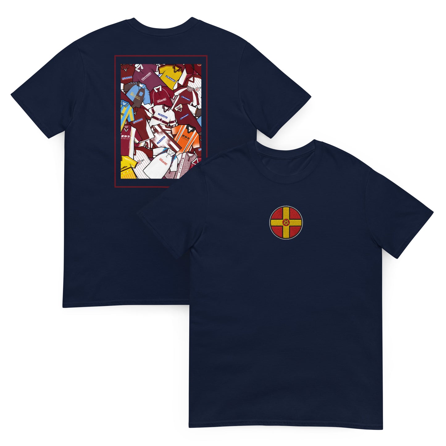 This Northampton Town FC T-shirt features an embroidered Northamptonshire flag on the front and a retro collage of the club’s classic shirts on the back. Designed for Cobblers fans who love vintage football style, it’s perfect for match days, casual wear, or as a Northampton Town football gift. Celebrate the club’s proud heritage and show your Cobblers pride with this must-have retro Northampton Town T-shirt for true supporters.