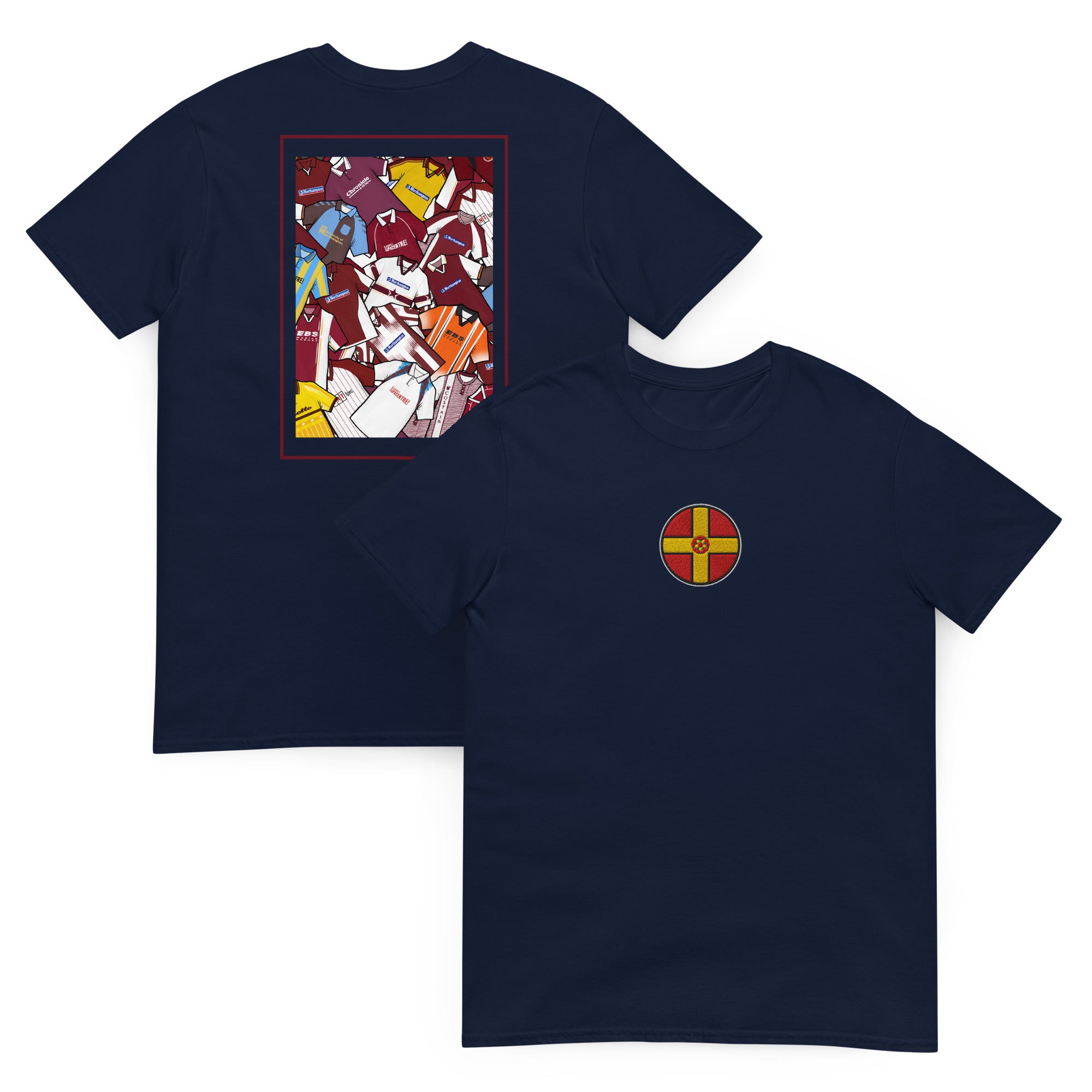 This Northampton Town FC T-shirt features an embroidered Northamptonshire flag on the front and a retro collage of the club’s classic shirts on the back. Designed for Cobblers fans who love vintage football style, it’s perfect for match days, casual wear, or as a Northampton Town football gift. Celebrate the club’s proud heritage and show your Cobblers pride with this must-have retro Northampton Town T-shirt for true supporters.