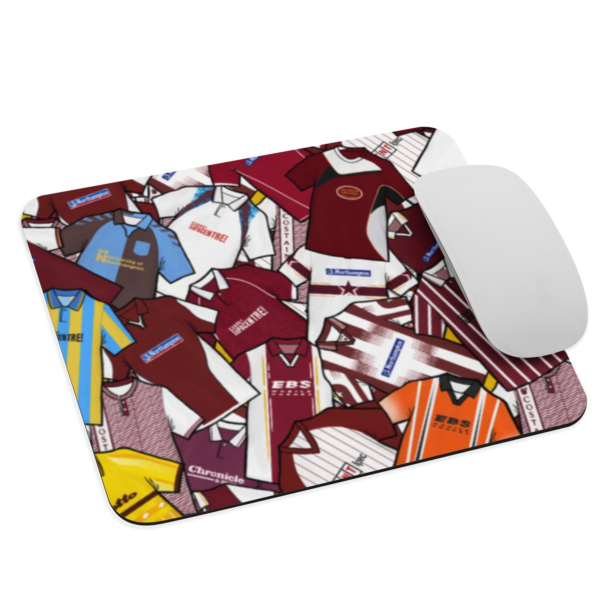 This Northampton Town FC mouse pad features a retro collage of the club’s classic shirts, celebrating the rich history and heritage of the Cobblers. Perfect for home or office use, it’s an ideal gift for any Northampton Town fan who loves classic football style. Show your Cobblers pride every day with this must-have retro Northampton Town mouse pad for true supporters