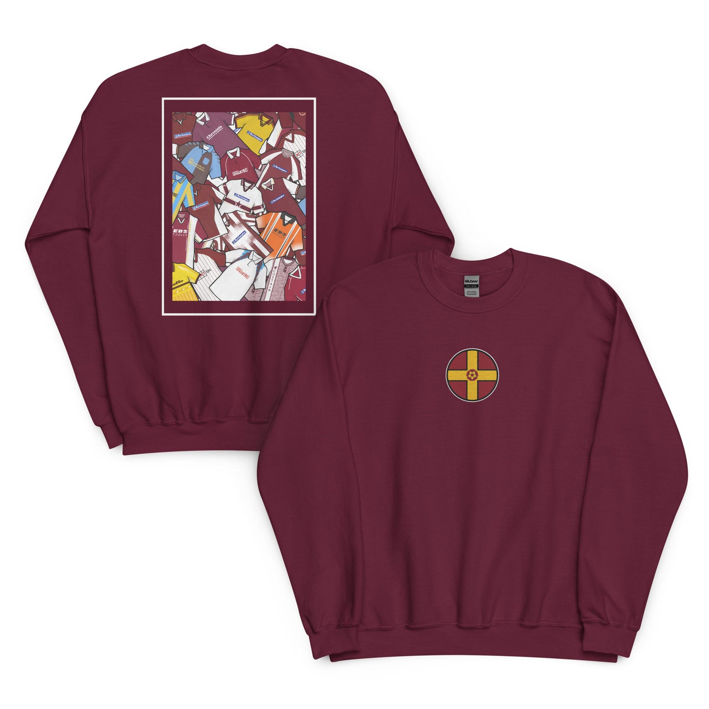 This Northampton Town FC sweatshirt features an embroidered Northamptonshire flag on the front, with a retro collage of the club’s classic shirts on the back. Designed for Cobblers fans who love vintage football style, it’s perfect for match days, casual wear, or as a Northampton Town football gift. Celebrate the club’s proud heritage and show your Cobblers pride with this must-have retro Northampton Town sweatshirt for true supporters.