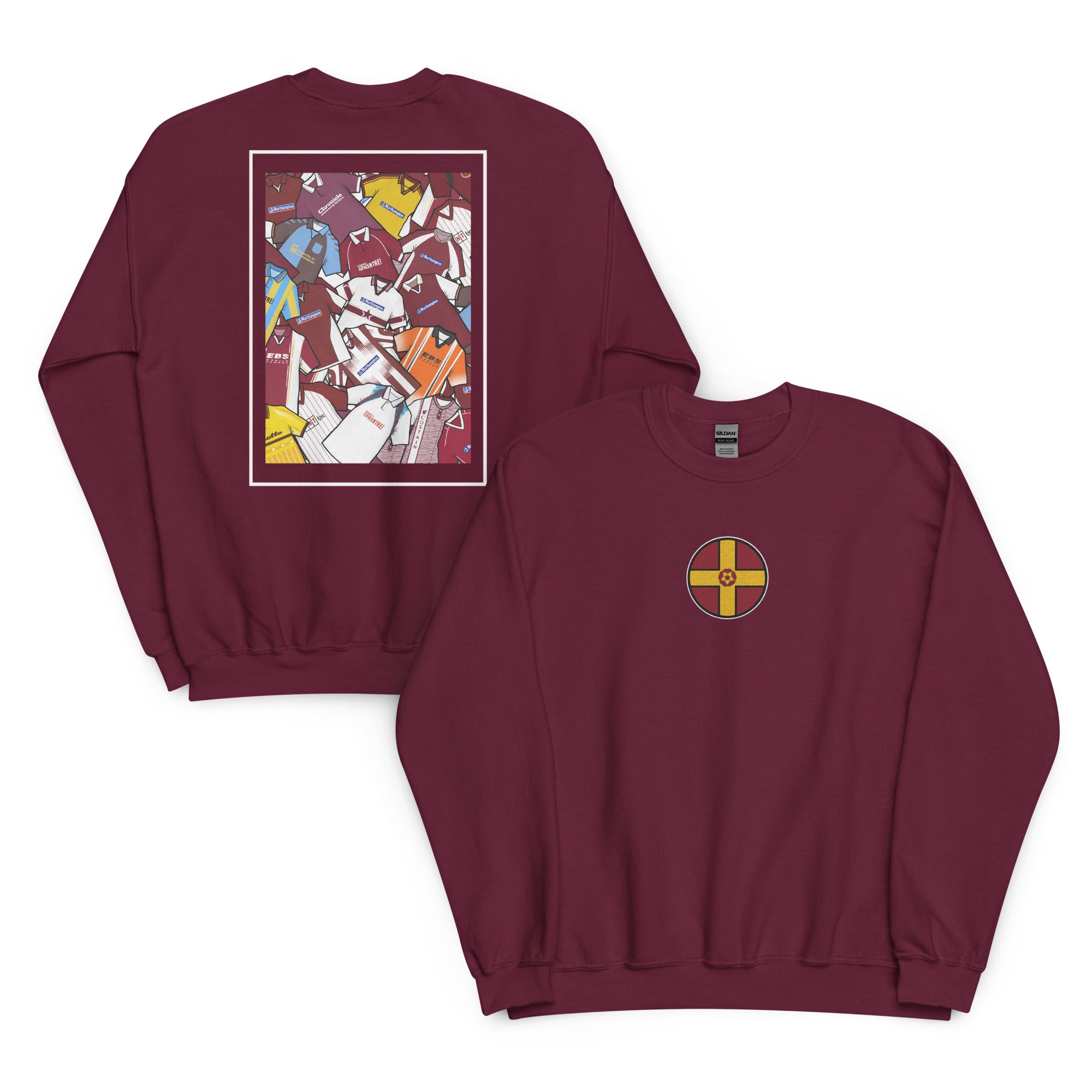 This Northampton Town FC sweatshirt features an embroidered Northamptonshire flag on the front, with a retro collage of the club’s classic shirts on the back. Designed for Cobblers fans who love vintage football style, it’s perfect for match days, casual wear, or as a Northampton Town football gift. Celebrate the club’s proud heritage and show your Cobblers pride with this must-have retro Northampton Town sweatshirt for true supporters.