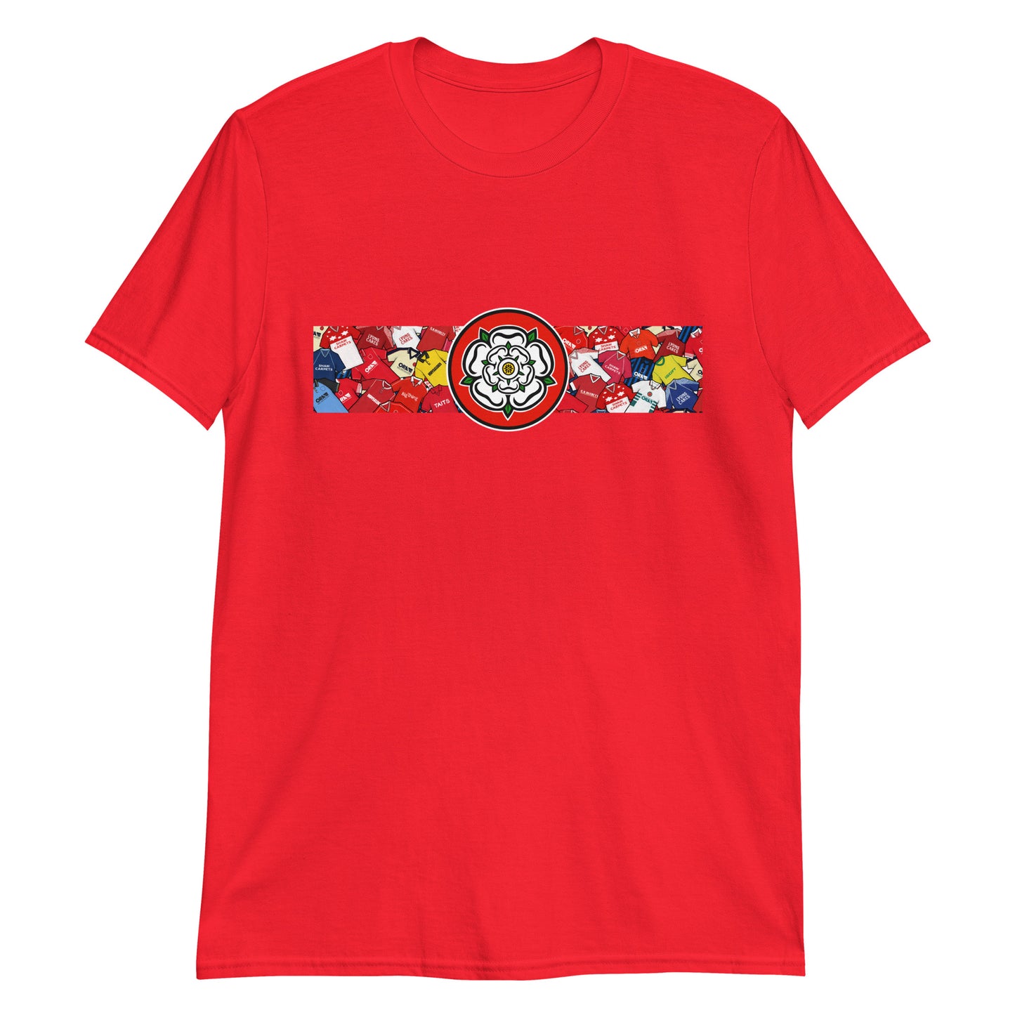 This T-shirt design celebrates Barnsley FC’s proud legacy, blending the club’s iconic red with a bold, retro-inspired edge. Featuring classic jersey patterns and a central Yorkshire rose emblem, it pays homage to the passion and tradition of the Oakwell faithful. A perfect fusion of vintage football heritage and contemporary streetwear—designed for true Tykes supporters. Colour is Red, It's a T-shirt in red