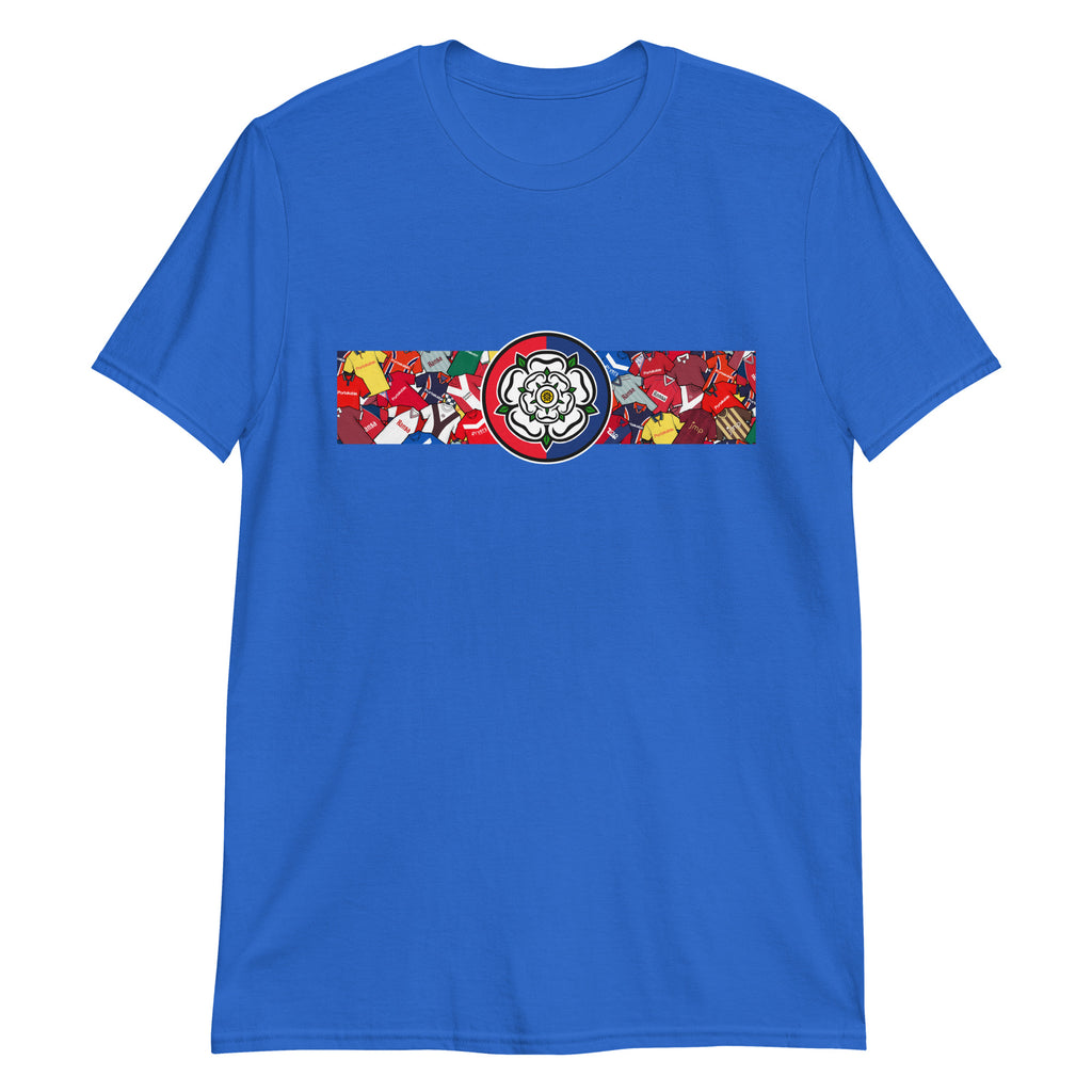This T-shirt design celebrates York City FC’s proud legacy, blending the club’s iconic red and blue with a bold, retro-inspired edge. Featuring classic jersey patterns and a central White Rose of Yorkshire emblem, it pays homage to the passion and tradition of the Bootham Crescent faithful. A perfect fusion of vintage football heritage and contemporary streetwear—designed for true Minstermen supporters