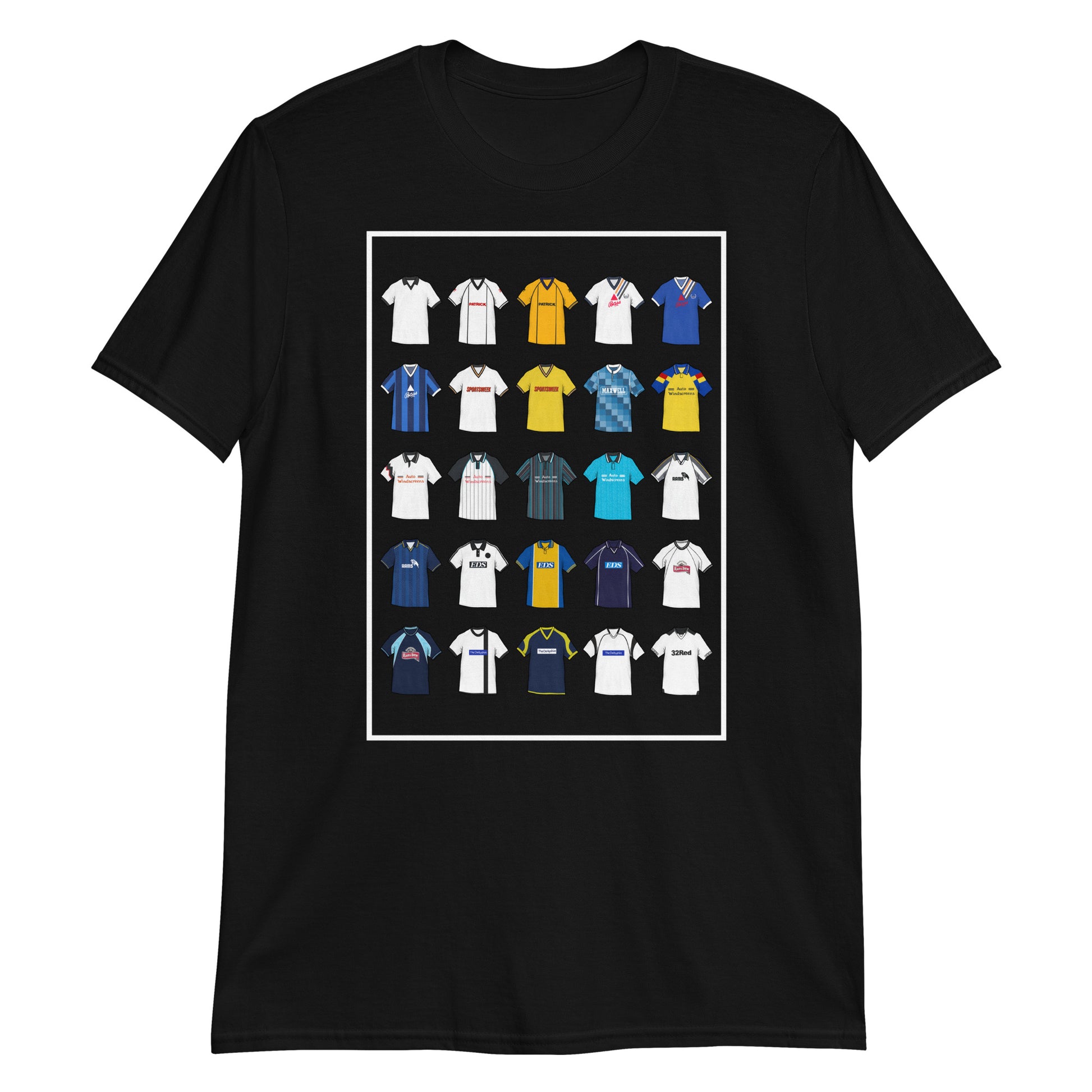 This T-shirt design draws inspiration from Derby County FC’s iconic football shirts, featuring bold black and white elements with a modern twist. With vintage jersey patterns and textured details, it pays tribute to the Rams’ proud heritage and lasting legacy. A perfect blend of classic football culture and fresh, contemporary style—made for true Derby County fans.