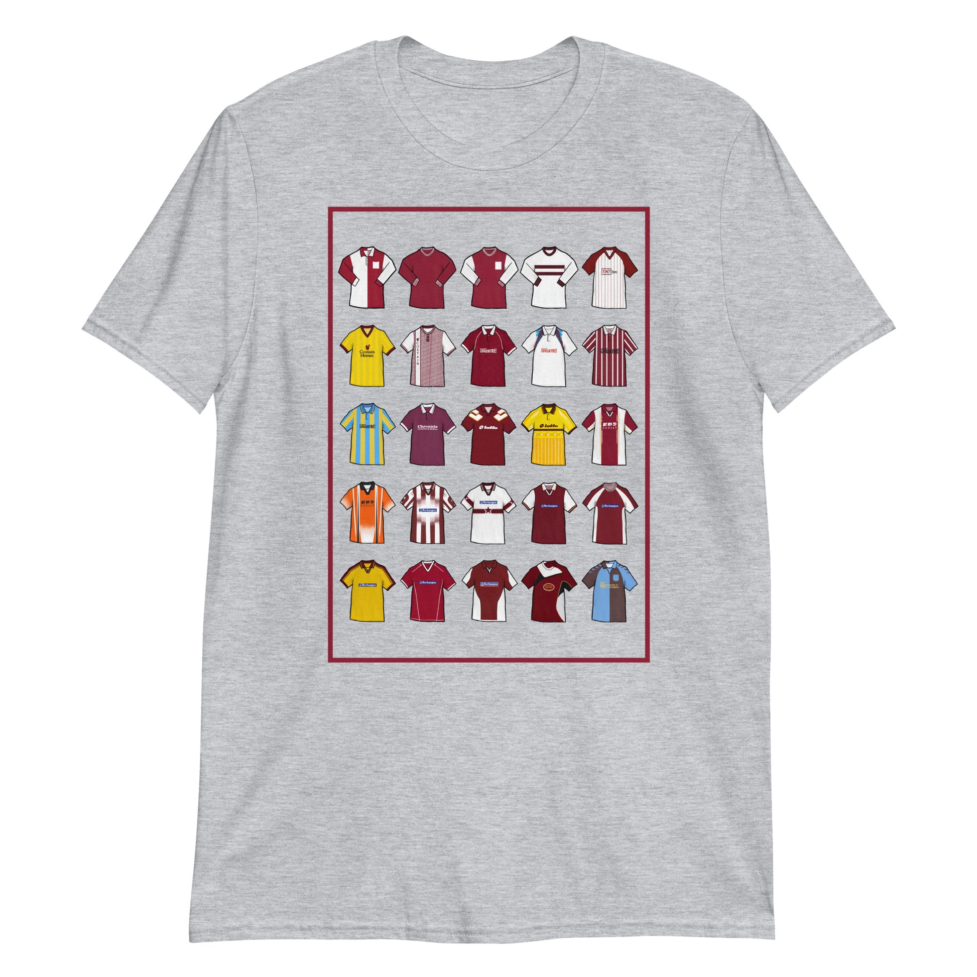 This T-shirt design draws inspiration from Northampton Town FC’s iconic football shirts, featuring bold claret and white elements with a modern twist. With vintage jersey patterns and textured details, it pays tribute to the Cobblers’ proud heritage and enduring legacy. A perfect blend of classic football culture and fresh, contemporary style—made for true Northampton Town fans