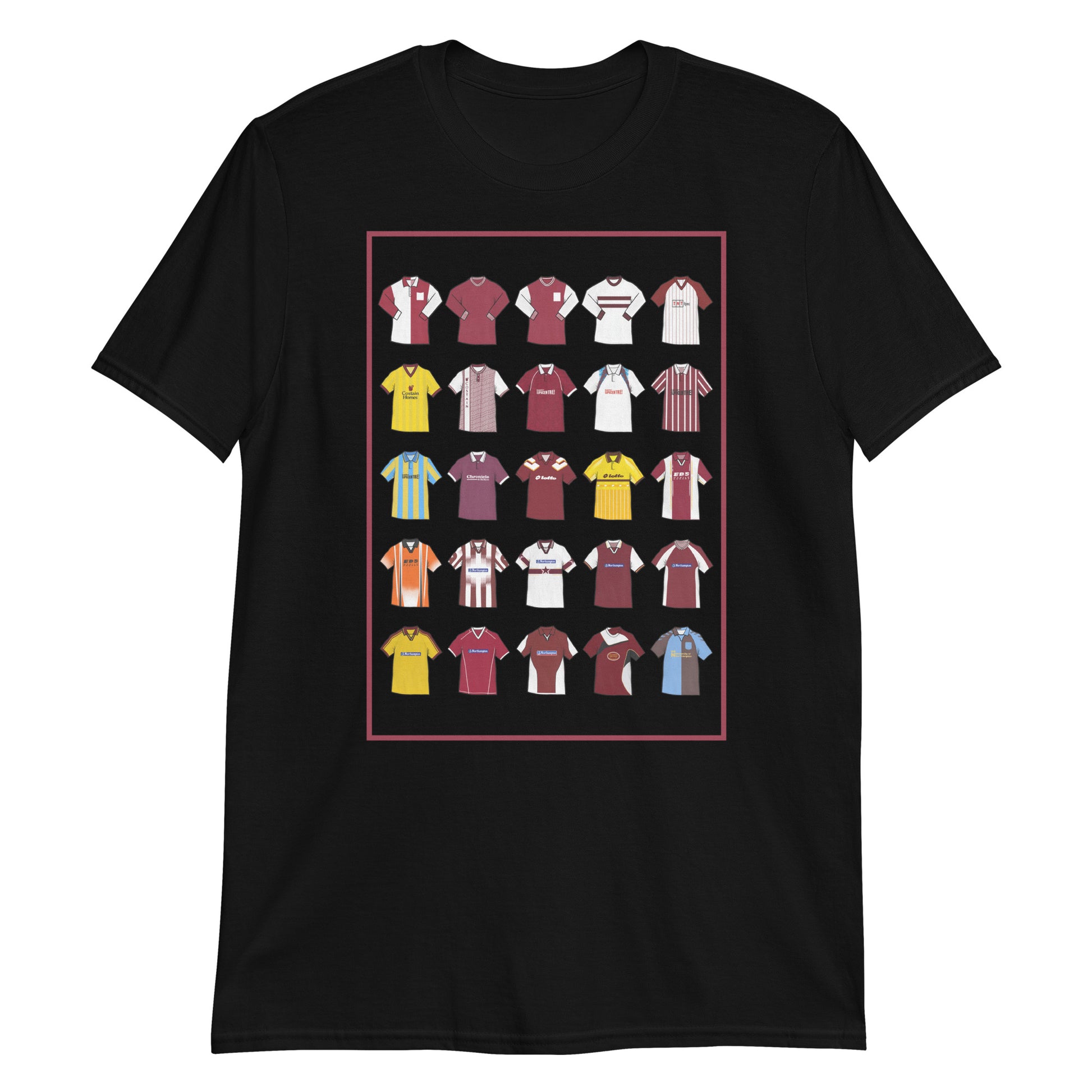 This T-shirt design draws inspiration from Northampton Town FC’s iconic football shirts, featuring bold claret and white elements with a modern twist. With vintage jersey patterns and textured details, it pays tribute to the Cobblers’ proud heritage and enduring legacy. A perfect blend of classic football culture and fresh, contemporary style—made for true Northampton Town fans