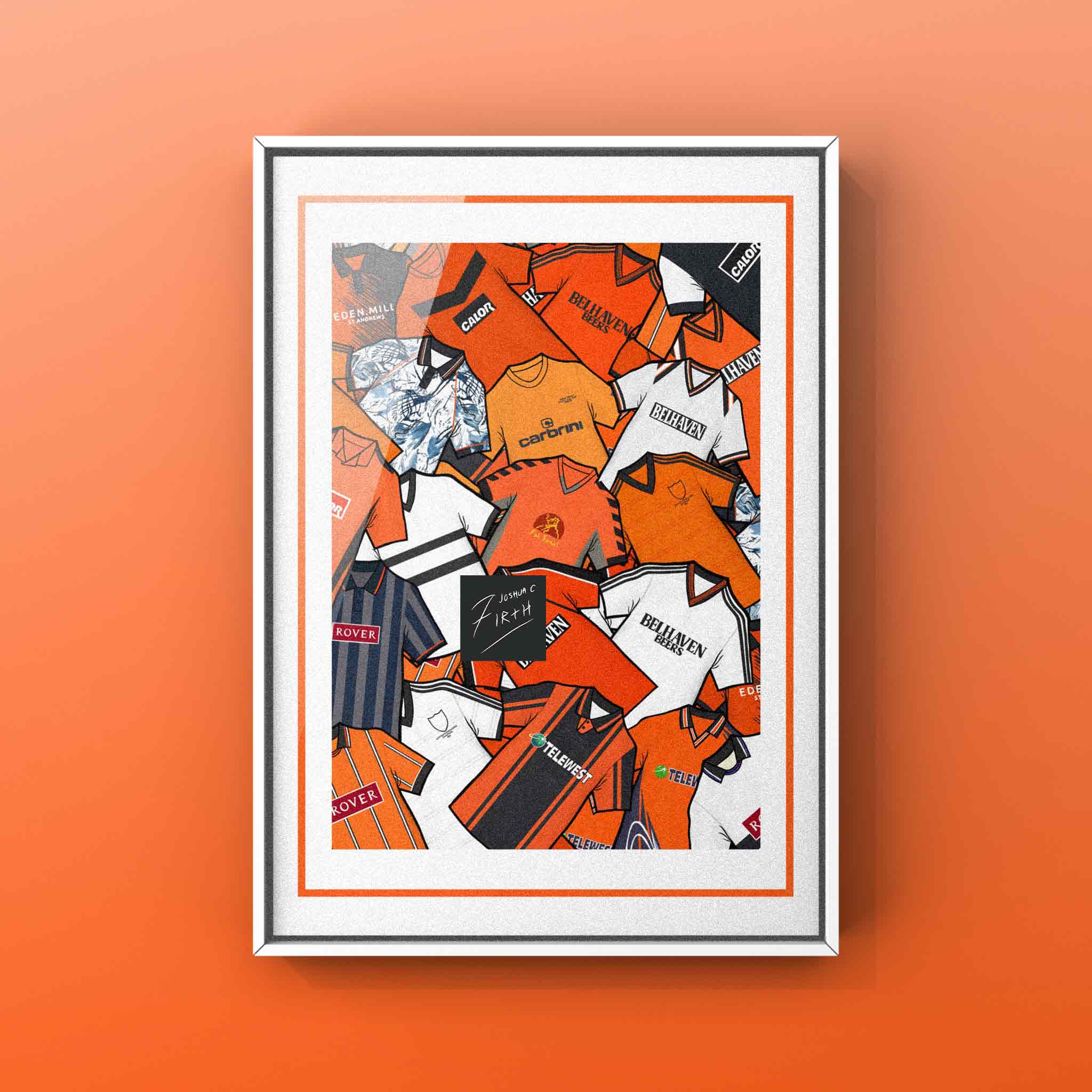 This unofficial, fan-created artwork takes inspiration from the iconic football shirts of Dundee United FC. Featuring bold tangerine, black, and white tones, it reimagines the club’s classic look through a modern, stylized lens. A tribute to the Terrors’ proud football heritage, this design celebrates Dundee United’s enduring identity in a fresh and contemporary way