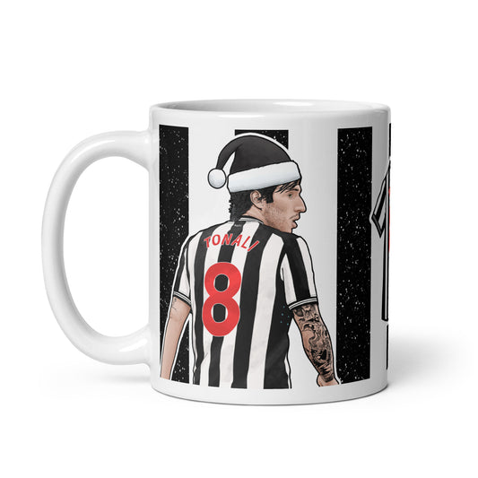 Christmas themed mug inspired artwork of Newcastle United player Tonali