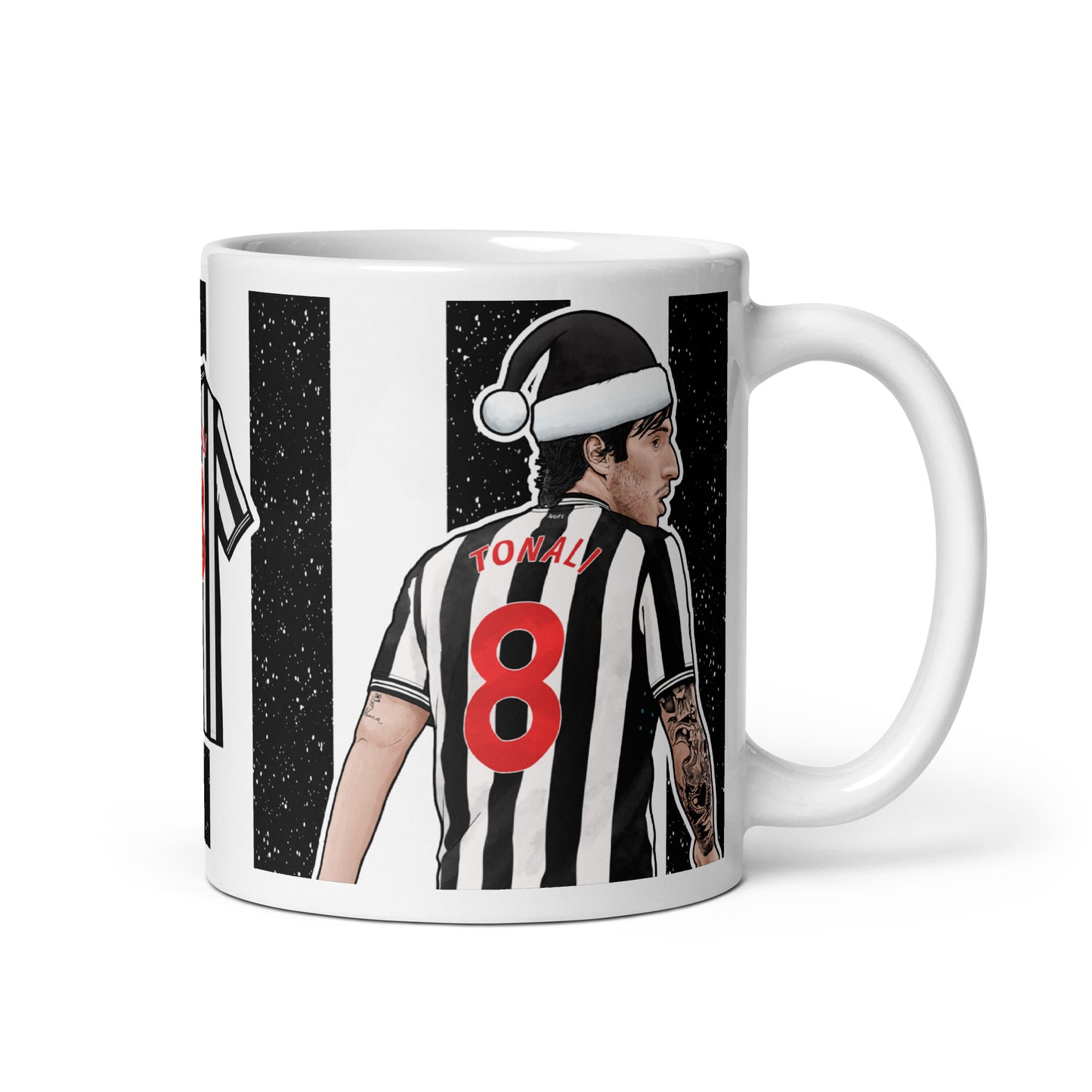 Christmas themed mug inspired artwork of Newcastle United player Tonali