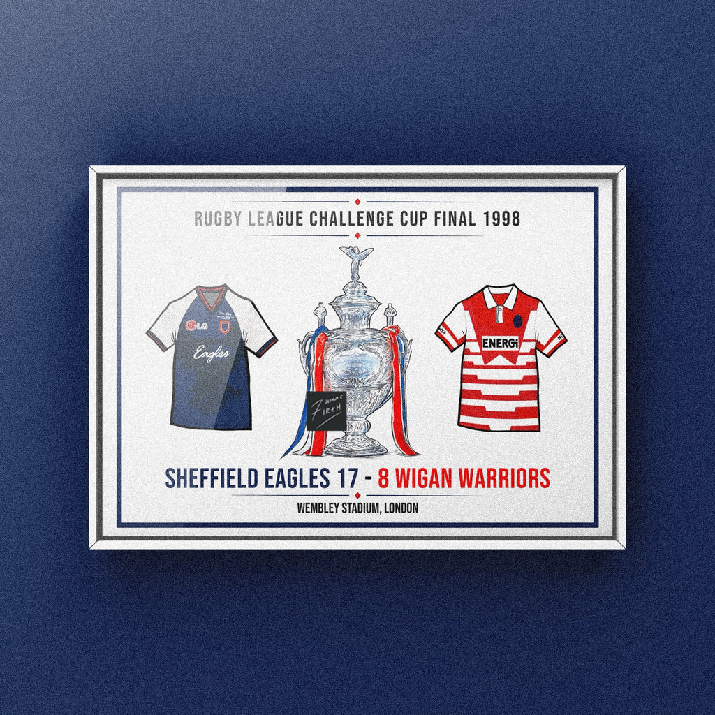 Framed poster of Rugby League Challenge Cup Final 1998 between Sheffield Eagles and Wigan Warriors on a blue background.