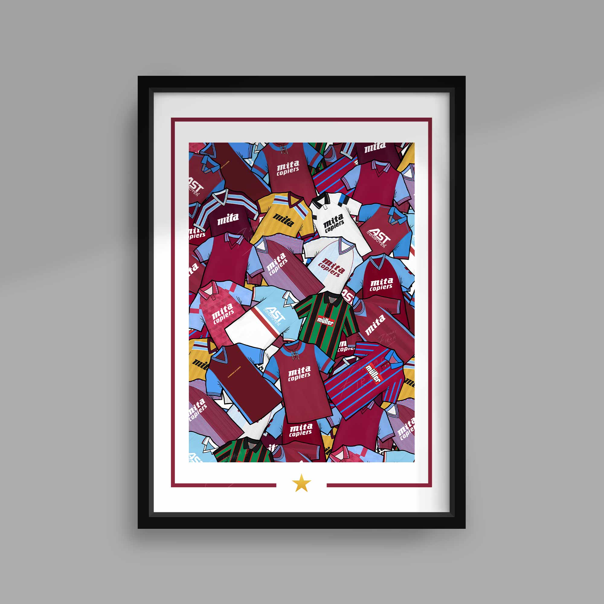 Elevate your Aston Villa fandom with our collection of retro jerseys artwork. Relive the glory days in style with our high-quality artwork depicting iconic Villa kits. Perfect for die-hard fans looking to add a touch of nostalgia to their wardrobe. Shop now and show your support for the claret and blue