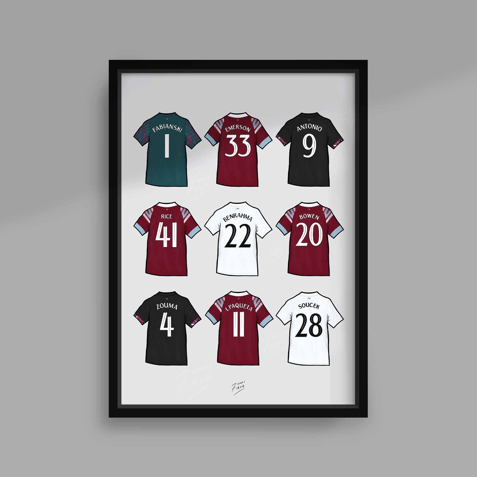 West Ham United Themed Player Shirts which features artwork of some of the players shirts that won the Europa Conference League in Prague, 2023