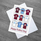 Greetings Fathers day card featuring West Ham United legends shirts, some of the greatest players to play for the club